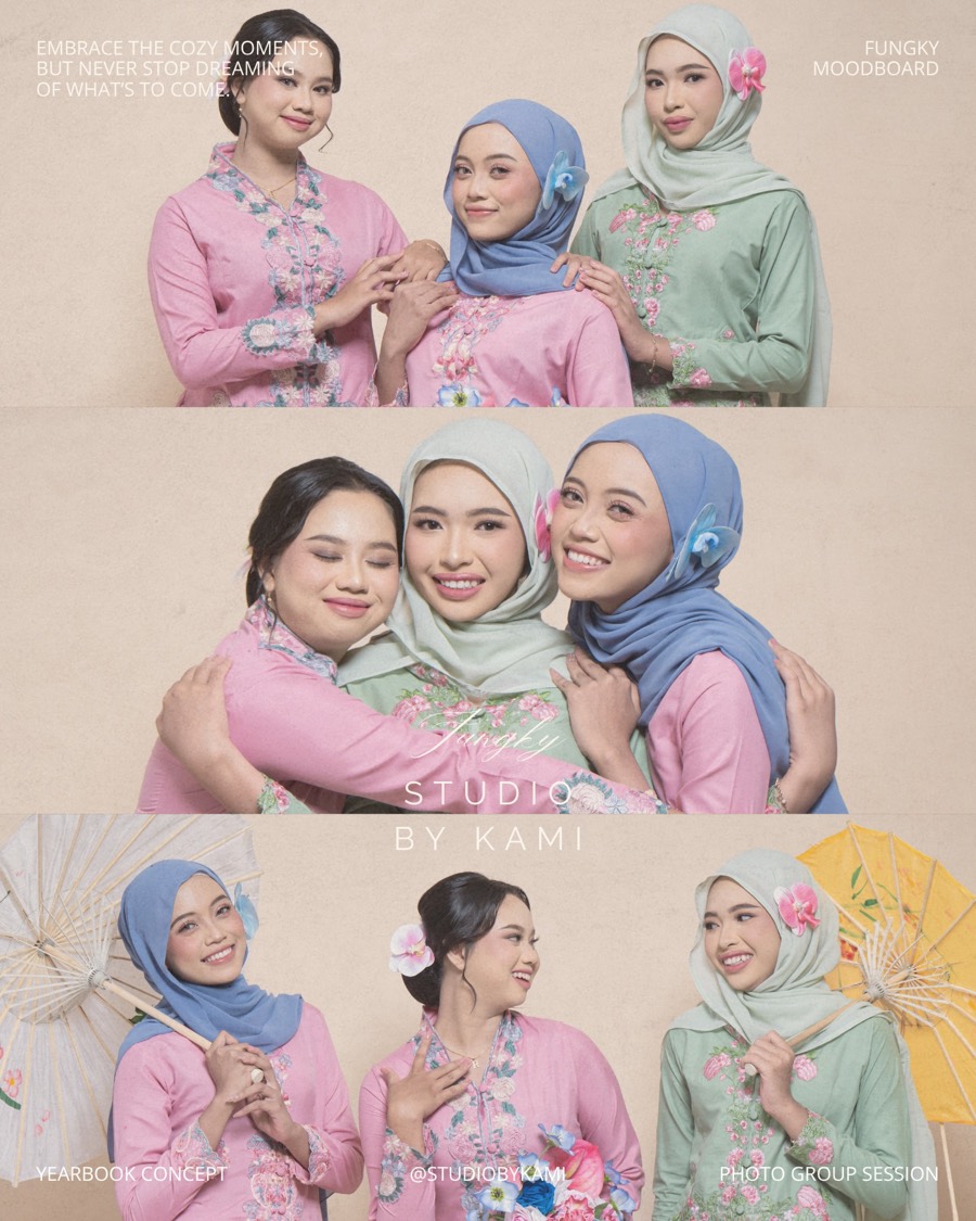 Hasil sesi yearbook: tiga perempuan berkebaya berpose bersama dalam tiga panel